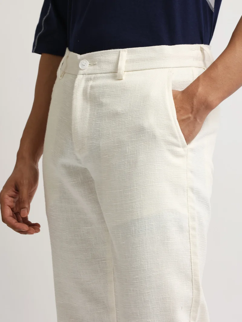 Maniac  Maniac Mens Solid White Elastic Linen Cotton Blend Trouser for Men | Best Price UAE